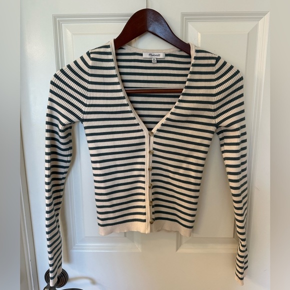Madewell Carmon Crop Cardigan Striped Teal and Cream Sweater Women's Top - Picture 6 of 6